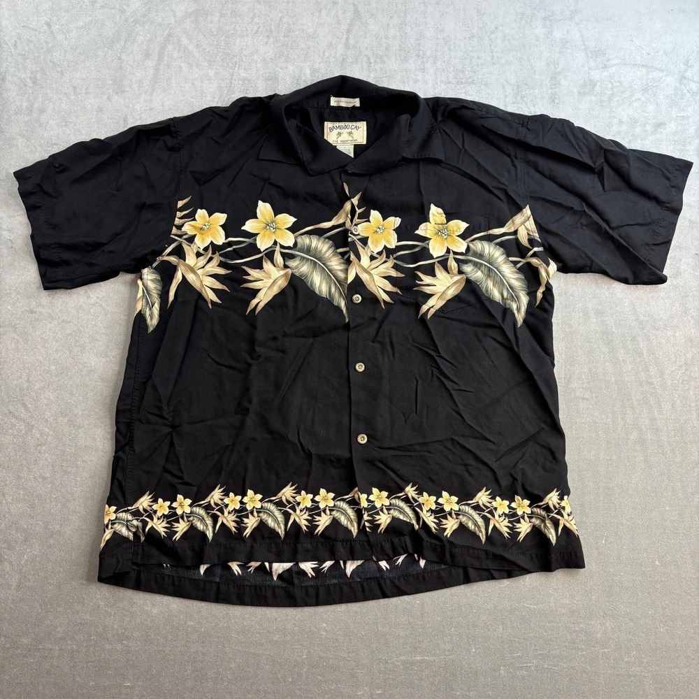 VINTAGE Bamboo Cay Shirt Black Floral Hawaiian Button‎ Up Rayon Men's L